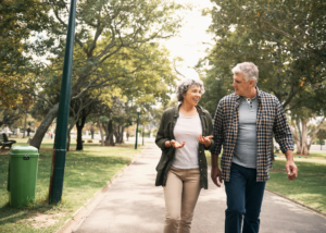 Two people walking on trail